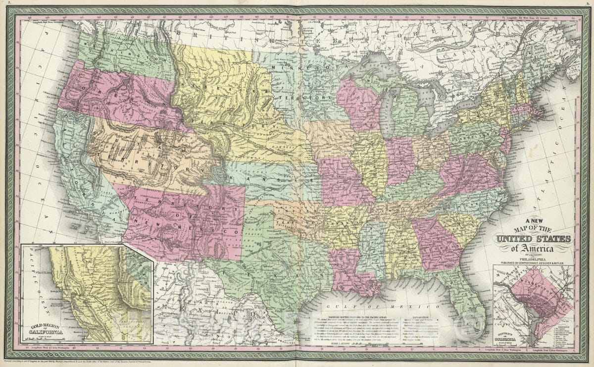 Historic Map : 1855 A new map of the United States of America - Vintage Wall Art