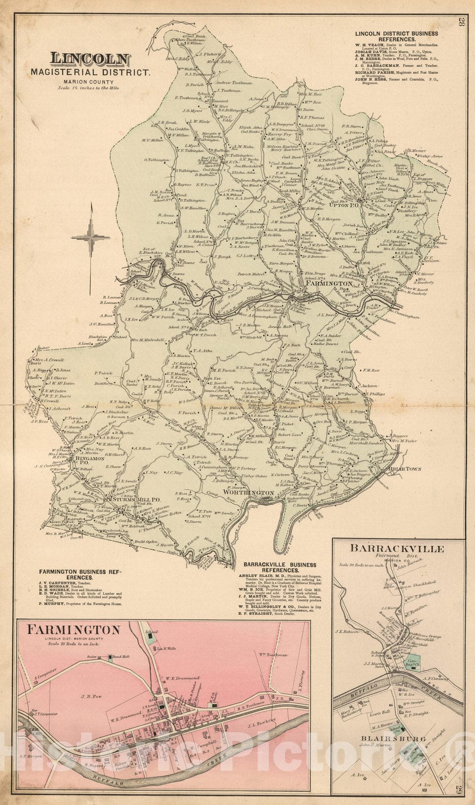 Historic Map : 1886 Lincoln Magisterial District, Marion County, West Virginia. Farmington. Barrackville. - Vintage Wall Art
