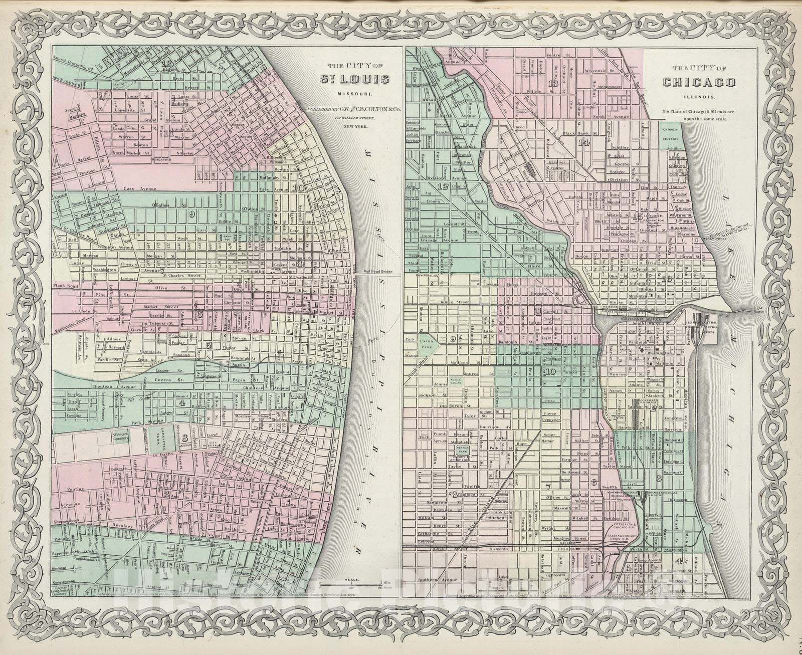 Historic Map : 1874 St. Louis, Missouri. Chicago, Illinois - Vintage Wall Art
