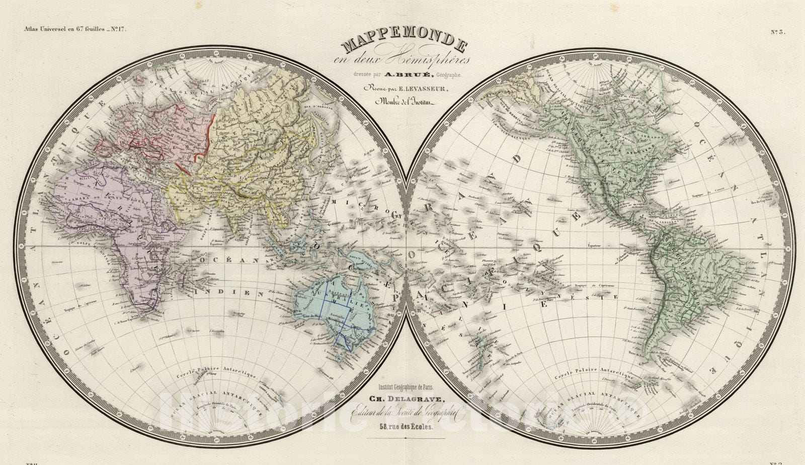 Historic Map : 1875 Mappemonde en deux Hemispheres. - Vintage Wall Art