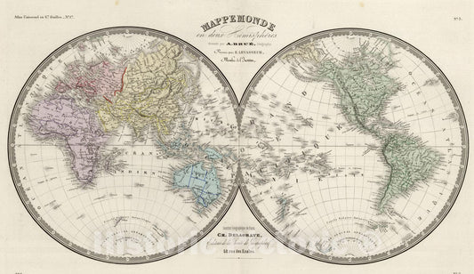 Historic Map : 1875 Mappemonde en deux Hemispheres. - Vintage Wall Art