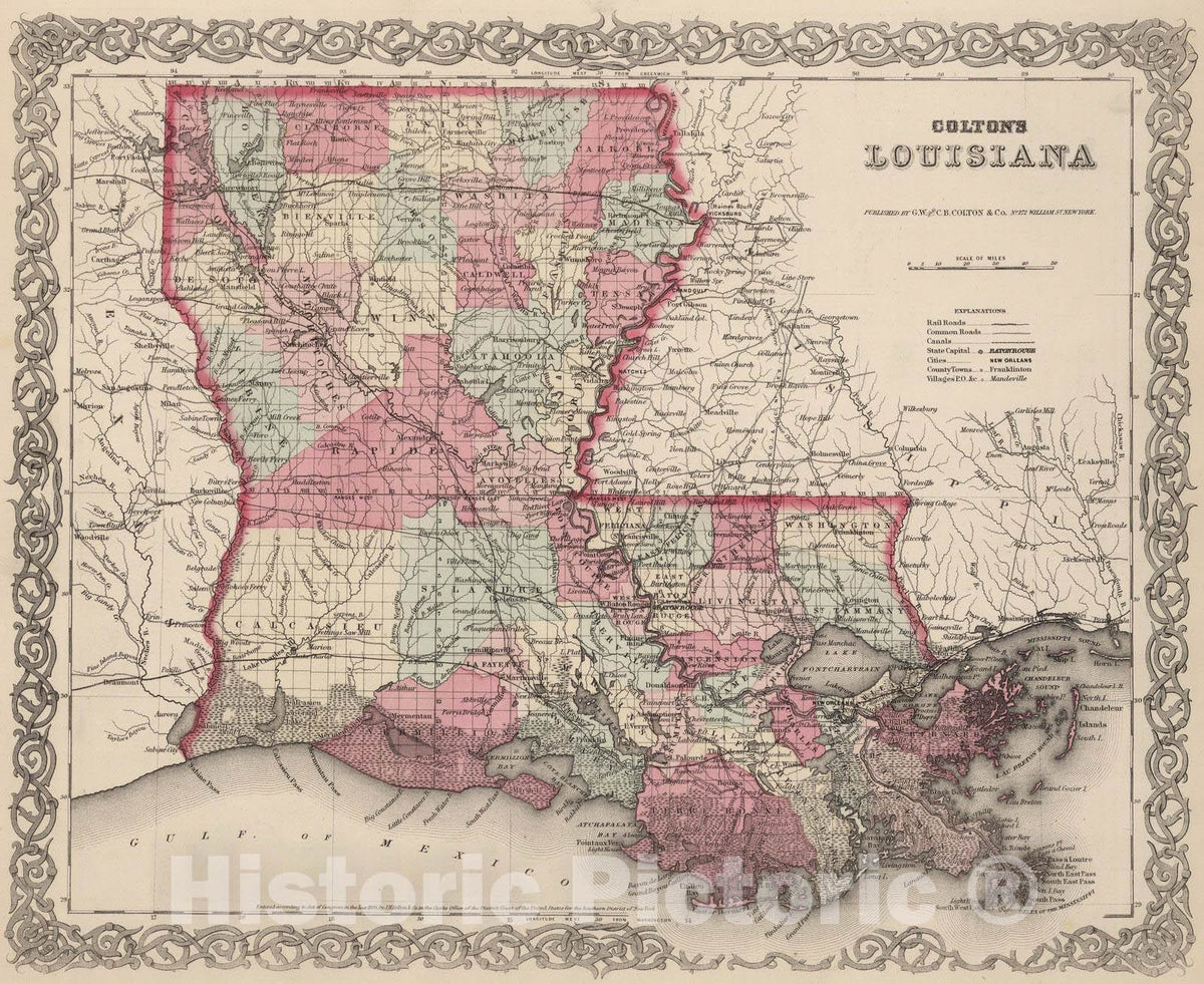 Historic Map : 1866 Map of Louisiana : Vintage Wall Art