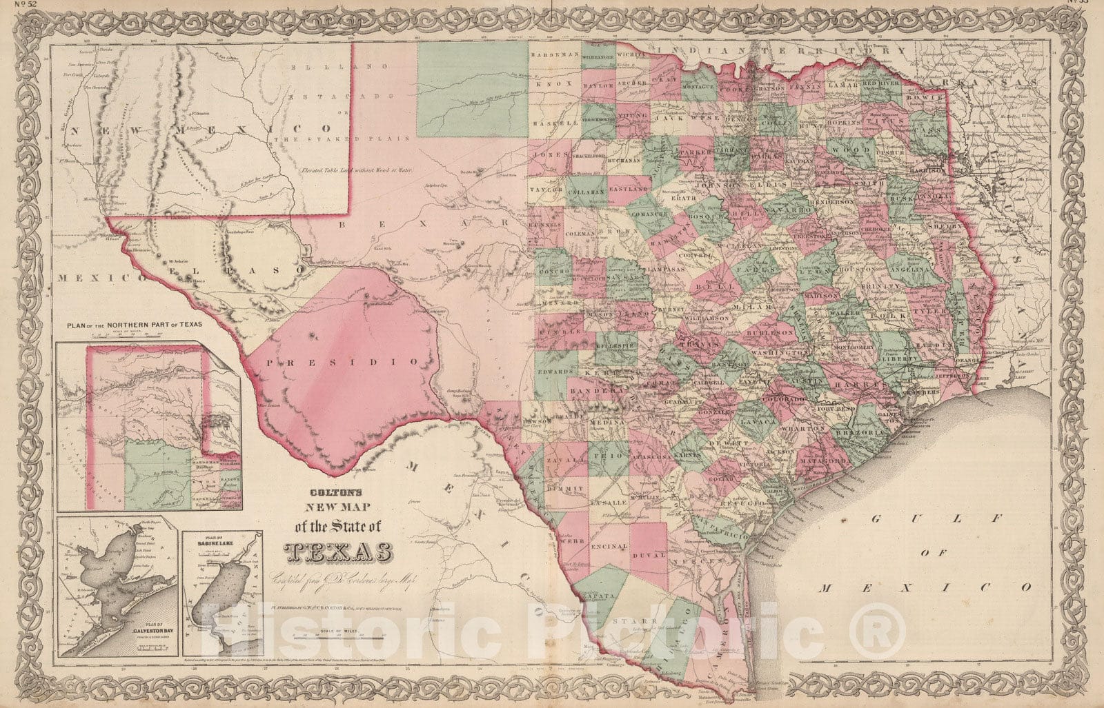Texas with Galveston Bay and Sabine Lake - Boundary Map, 1866