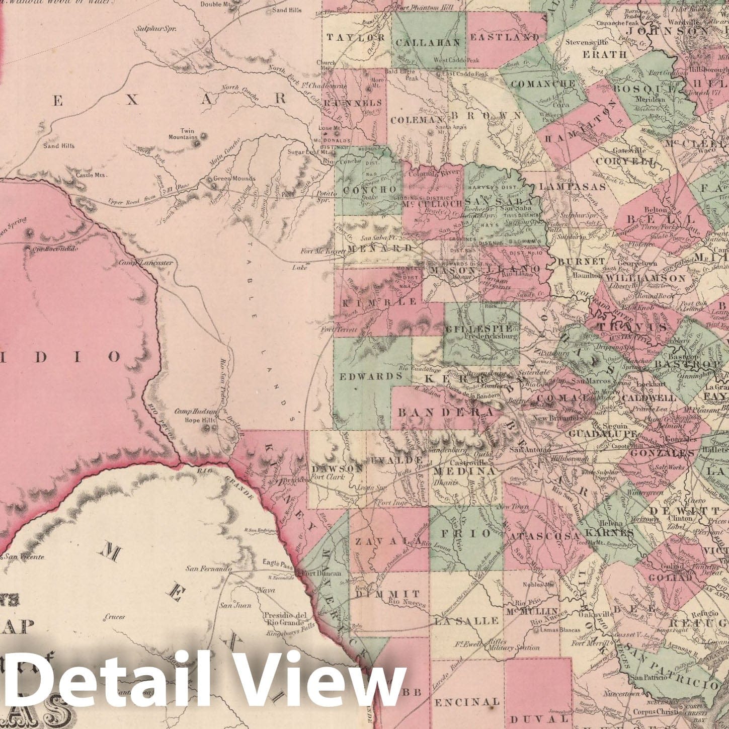 Texas with Galveston Bay and Sabine Lake - Boundary Map, 1866