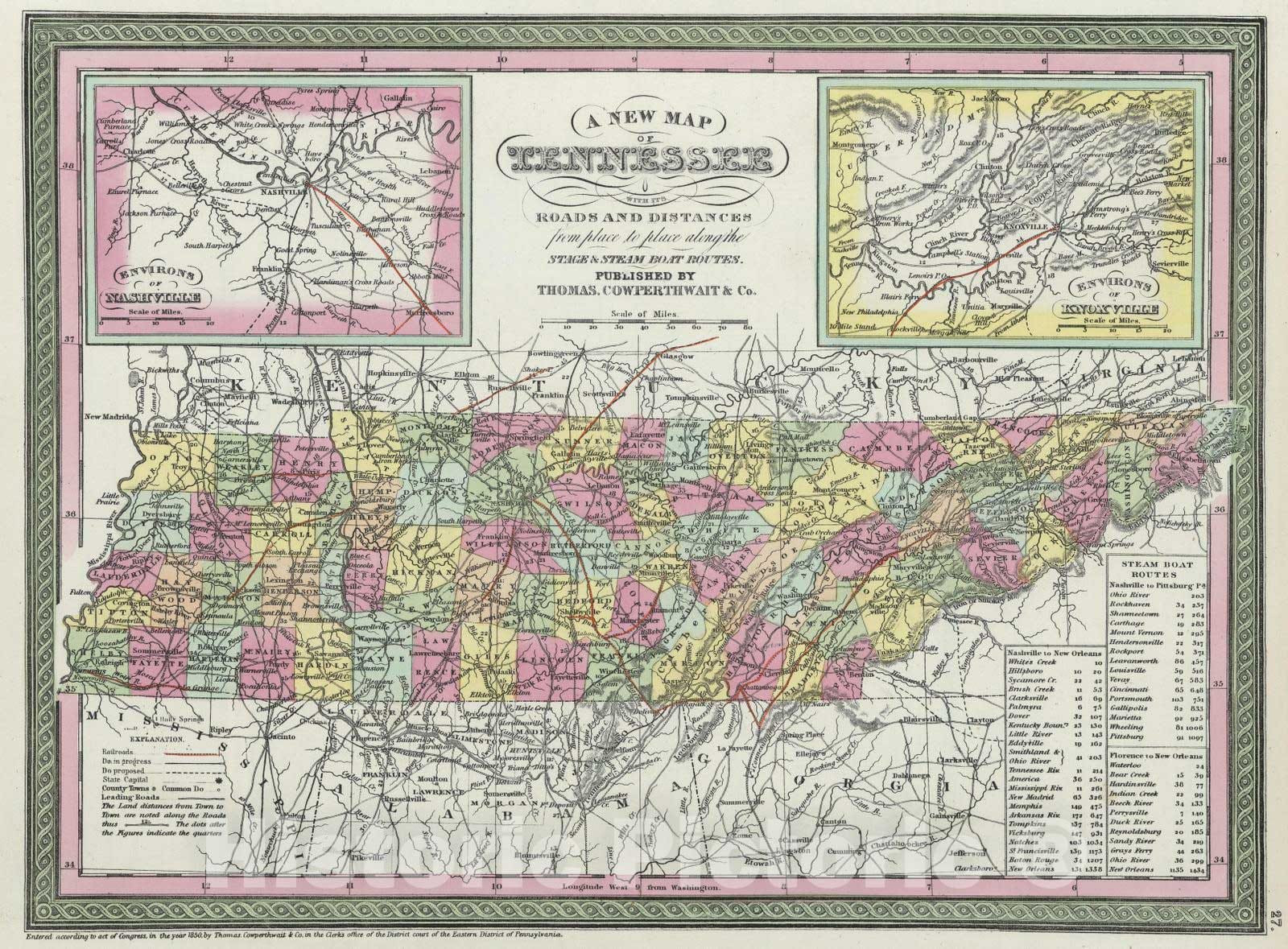 Tennessee with Nashville and Knoxville Insets - Railroad Map, 1855 - Historical Map Print