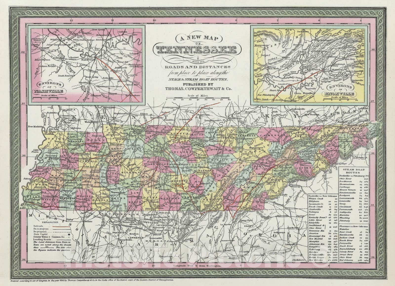 Historic Map - World Atlas - 1855 A new map of Tennessee - Vintage Wall Art