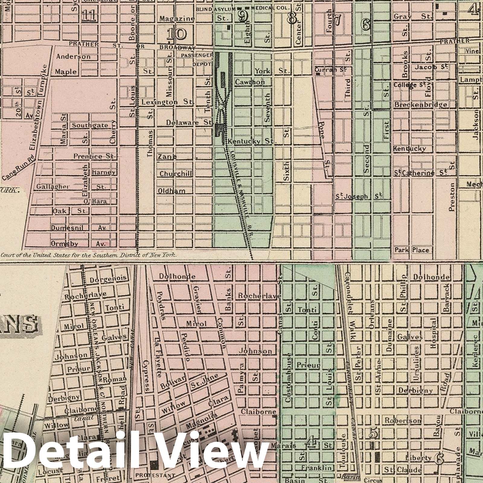 Louisville, Kentucky and New Orleans, Louisiana, 1874 - Historical Map Print