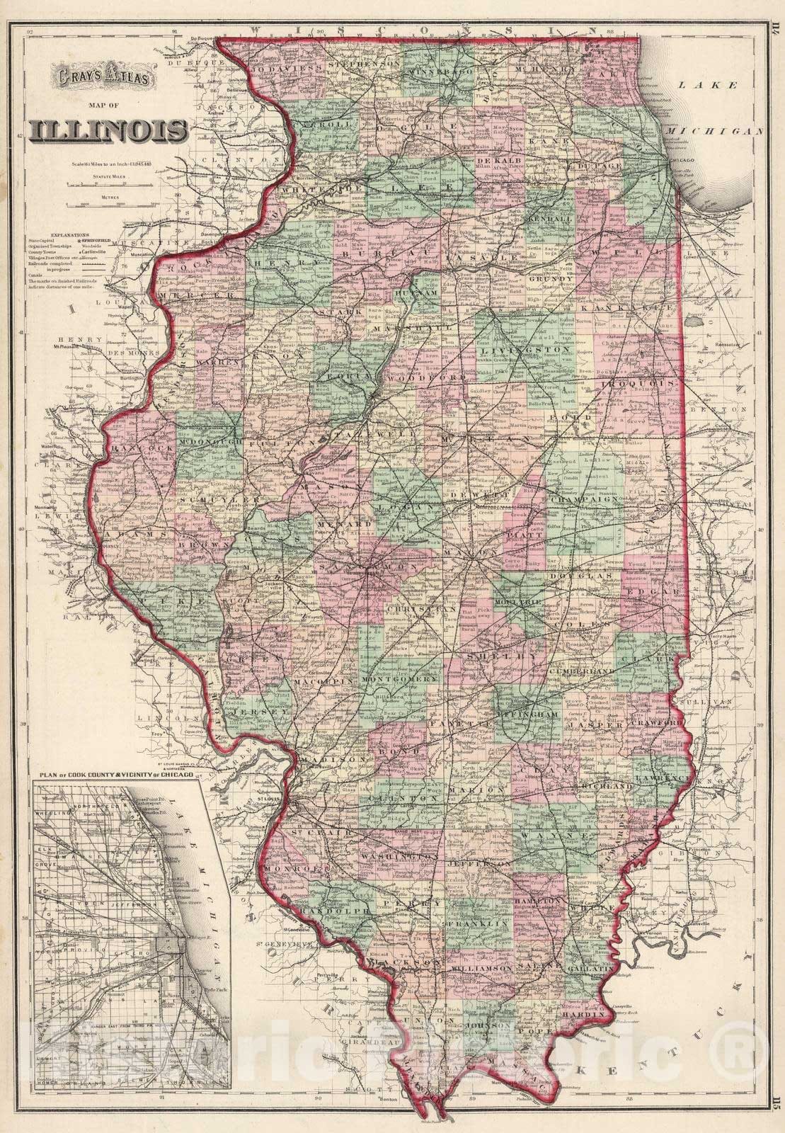 Historic Map : 1874 Illinois. - Vintage Wall Art