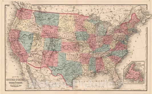 Historic Map : 1878 United States, and Territories together with Canada &c. - Vintage Wall Art