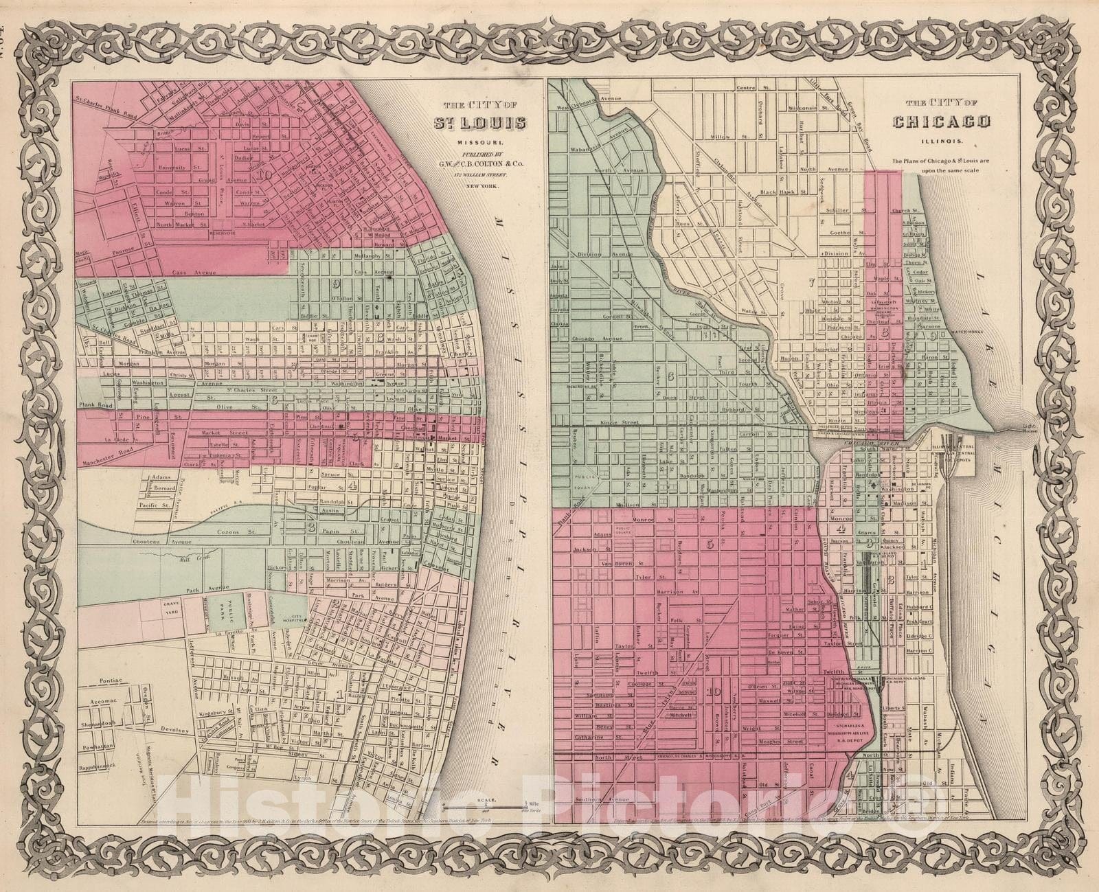 Historic Map : 1866 Saint Louis, Missouri. Chicago, Illinois. - Vintage Wall Art
