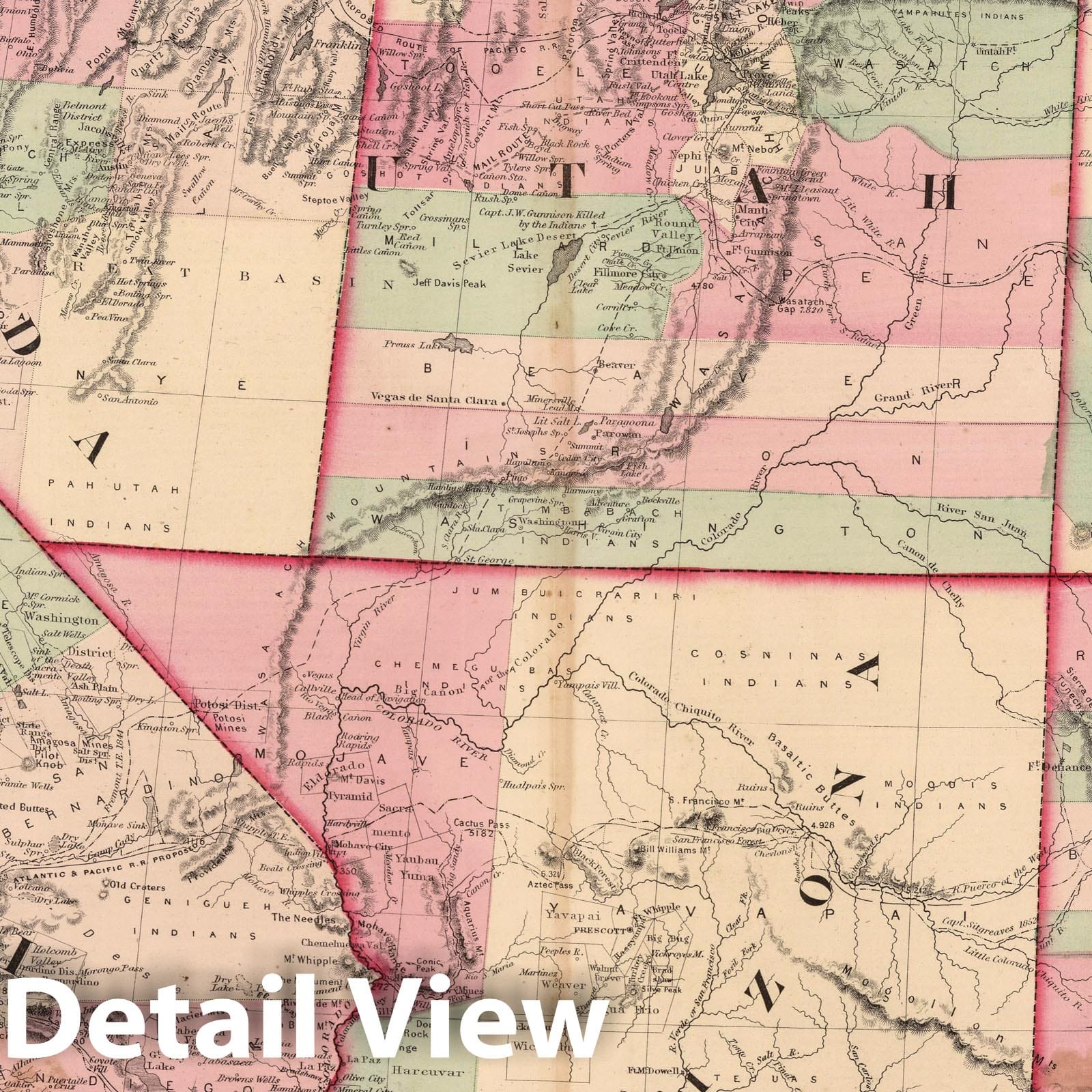California, Nevada, Utah, Colorado, Arizona and New Mexico - Route Map, 1866