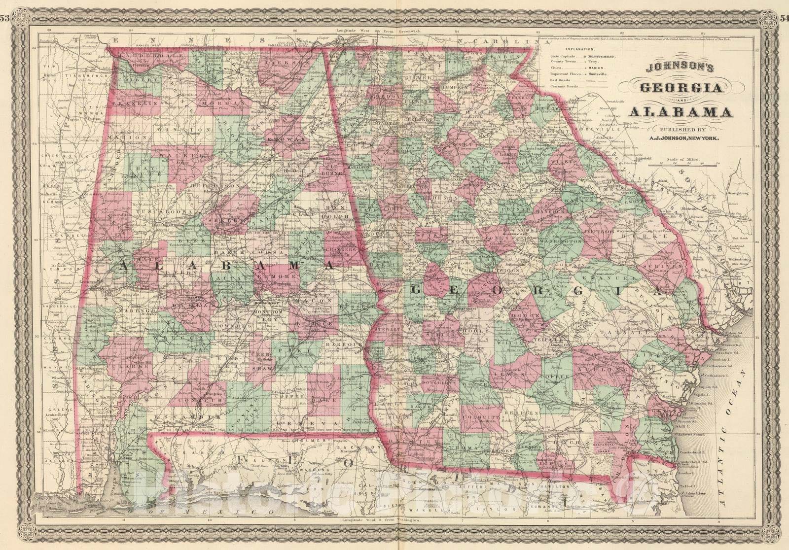 Historic Map : 1886 Georgia and Alabama. - Vintage Wall Art