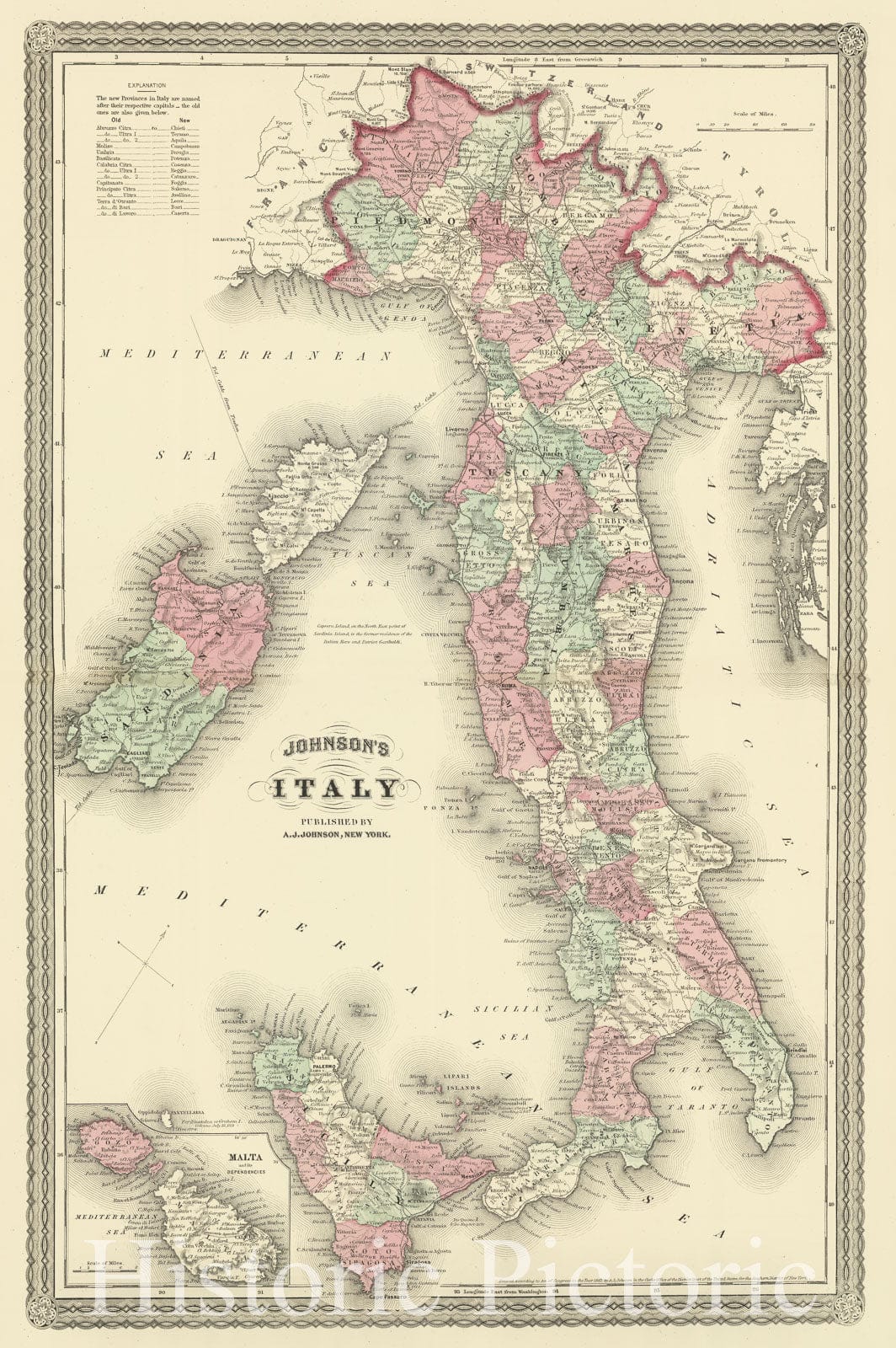Italy - Railroad Map, 1886 - Historical Map Print