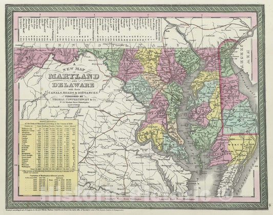 Historic Map : 1855 A new map of Maryland and Delaware - Vintage Wall Art