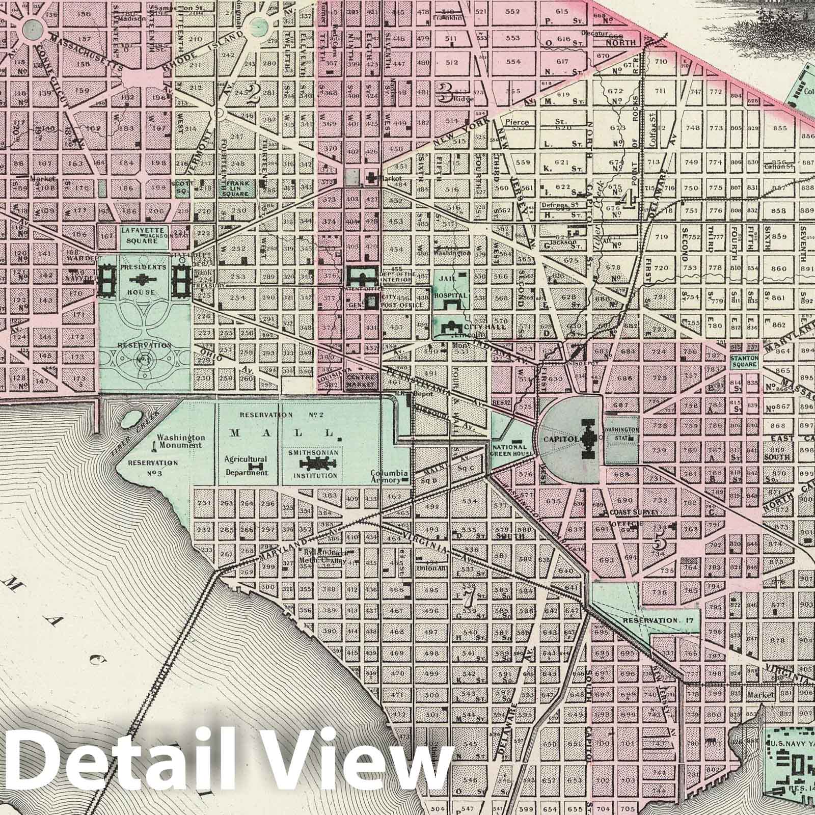 Georgetown and Washington D.C - Road Map, 1874 - Historical Map Print