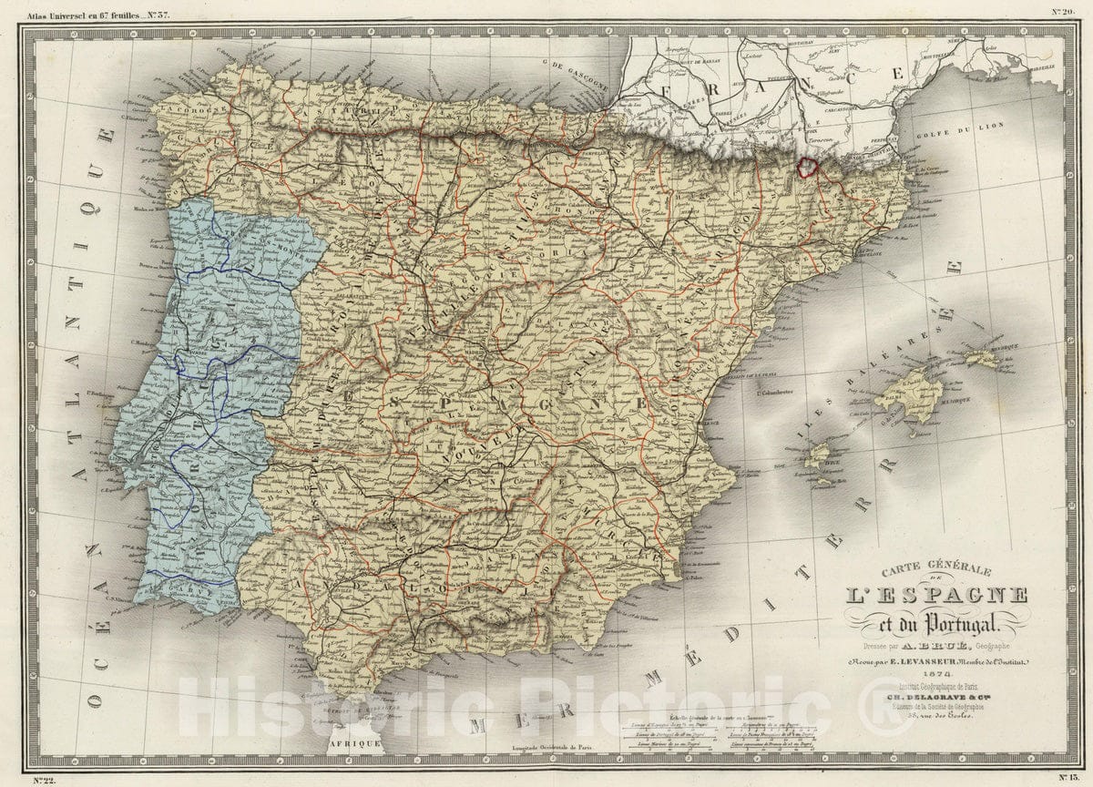 Historic Map : Spain; Portugal, 1874 Espagne, Portugal. , Vintage Wall Art