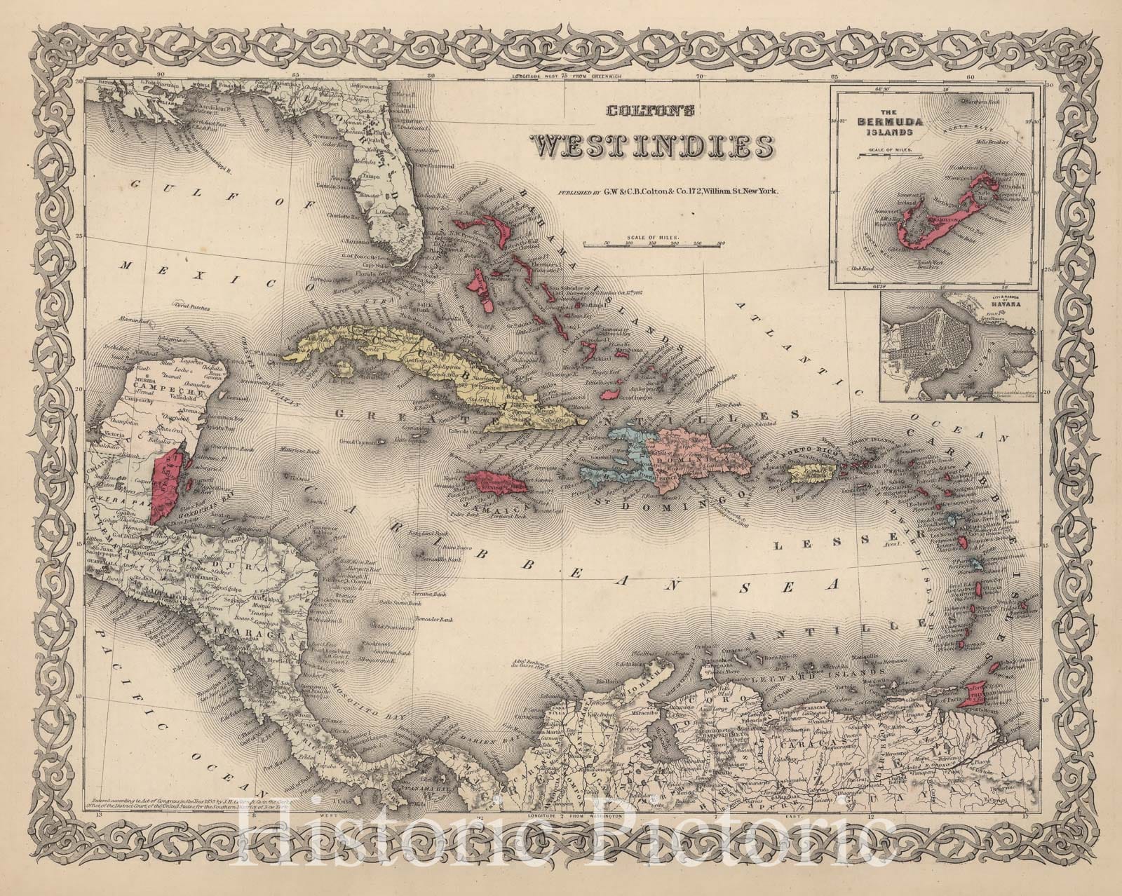West Indies, Havana, and Bermuda Islands - Boundary Map, 1866