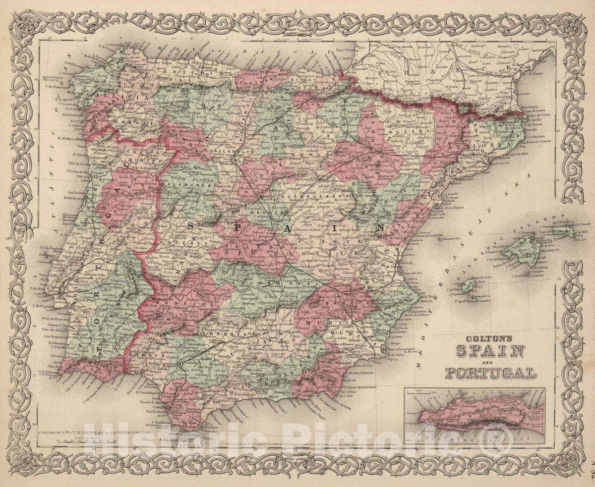 Historic Wall Map : 1866 Spain and Portugal. - Vintage Wall Art