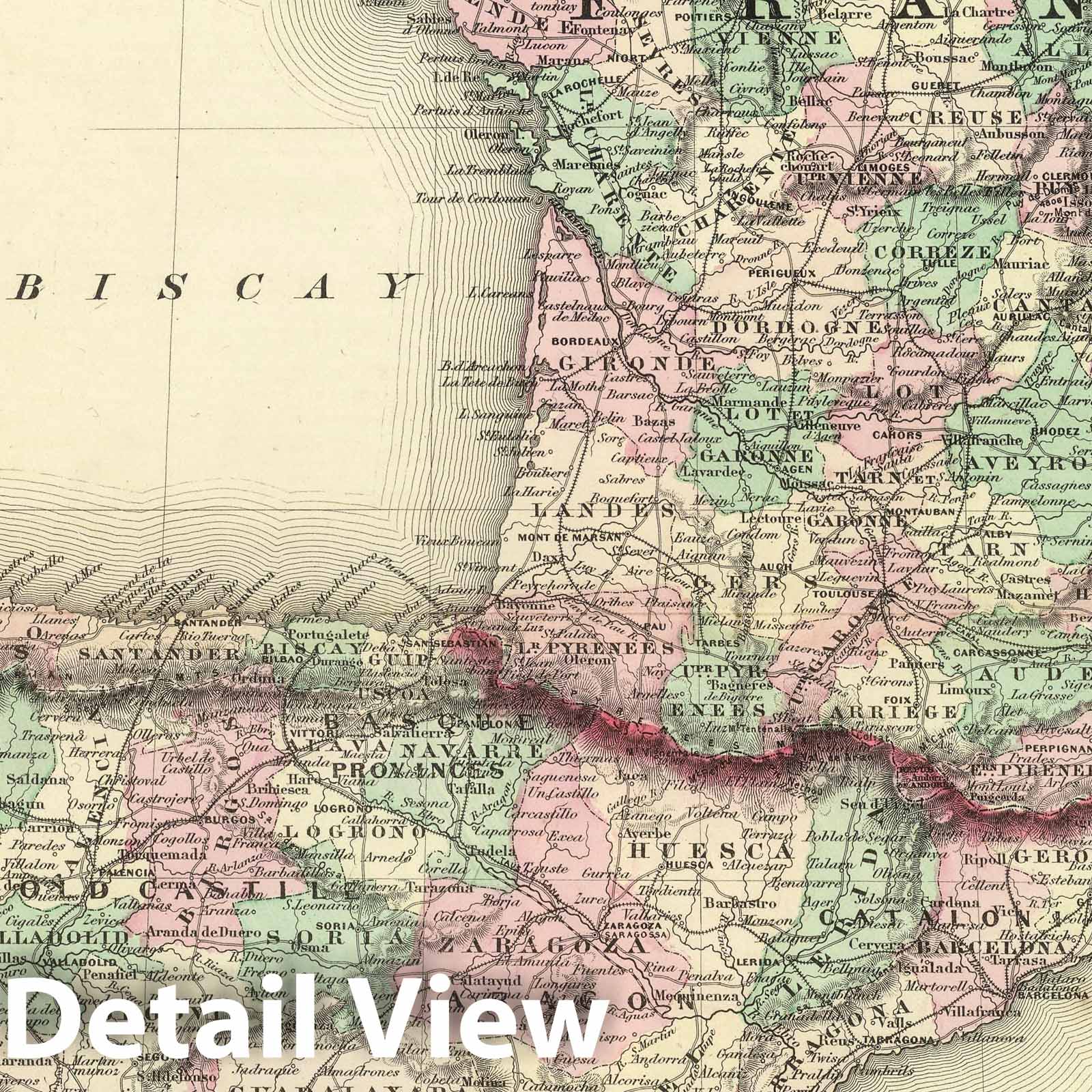 France, Spain, and Portugal - Railroad Map, 1886 - Historical Map Print