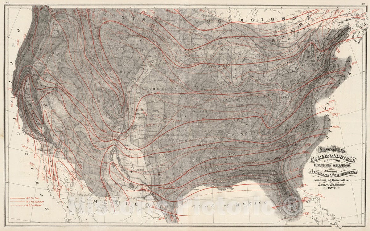 Historic Map : 1874 Climatological Map of the United States. - Vintage Wall Art