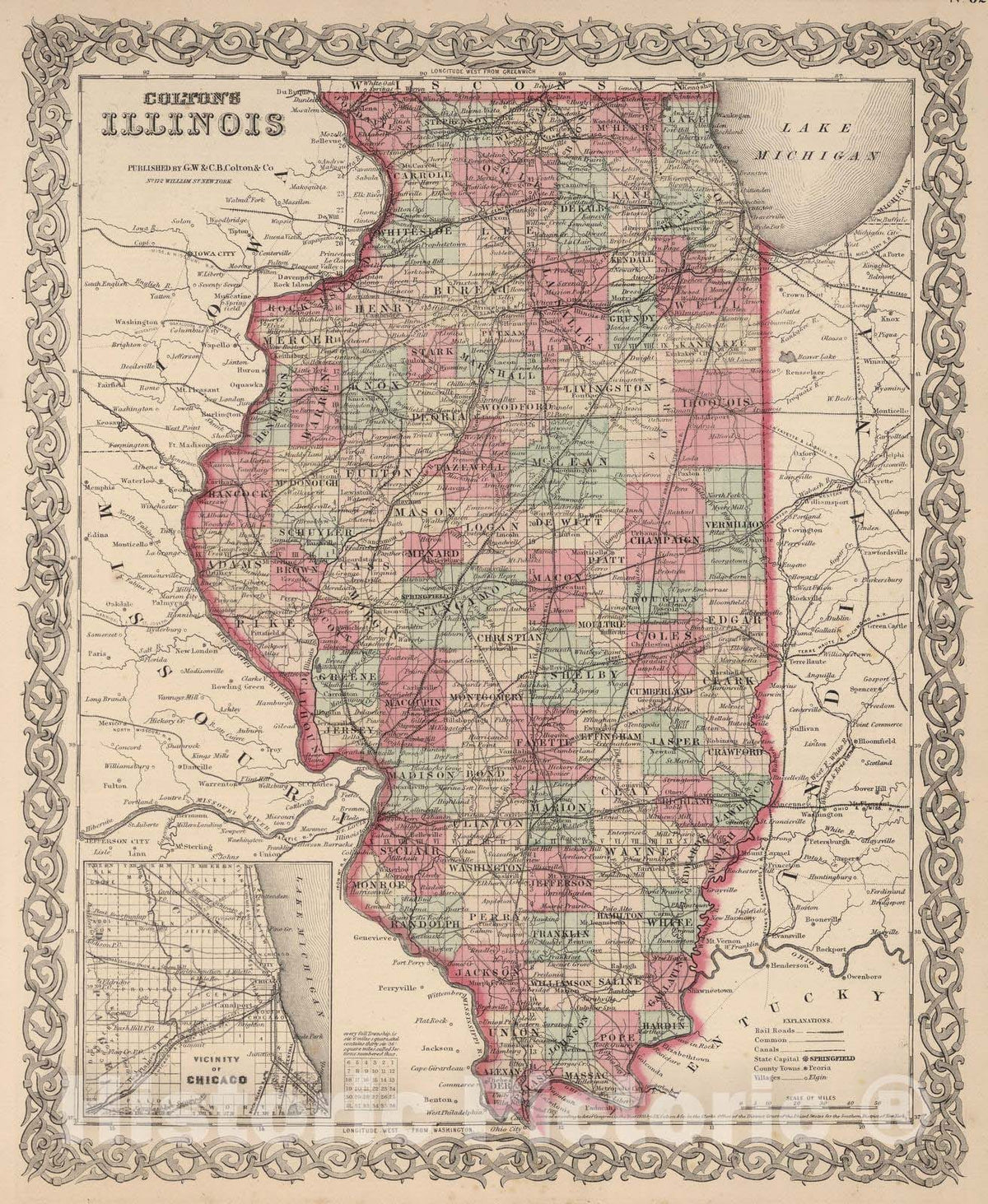 Historic Map : 1866 Illinois. - Vintage Wall Art