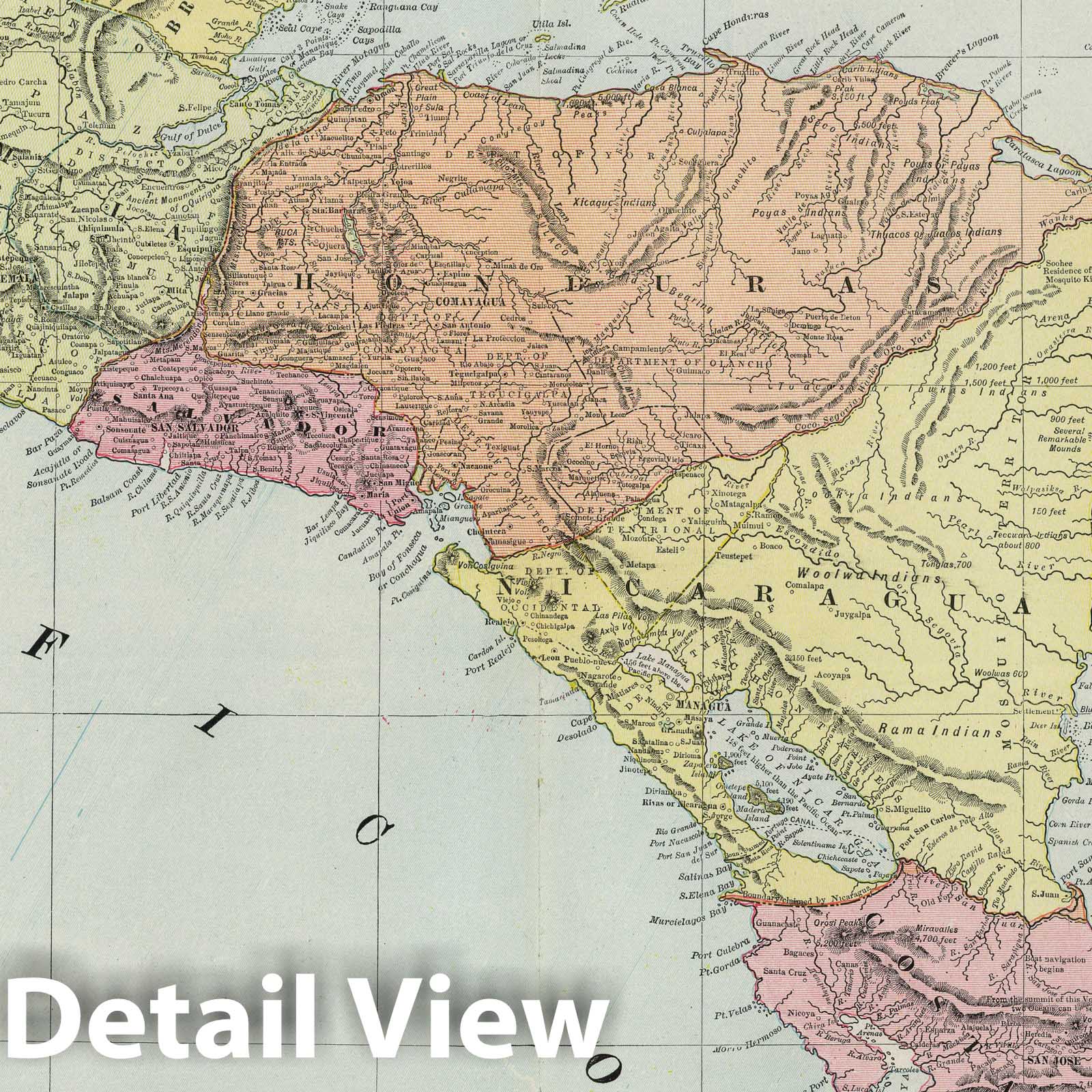 Central America, 1889 - Historical Map Print from Cram's Standard American Atlas