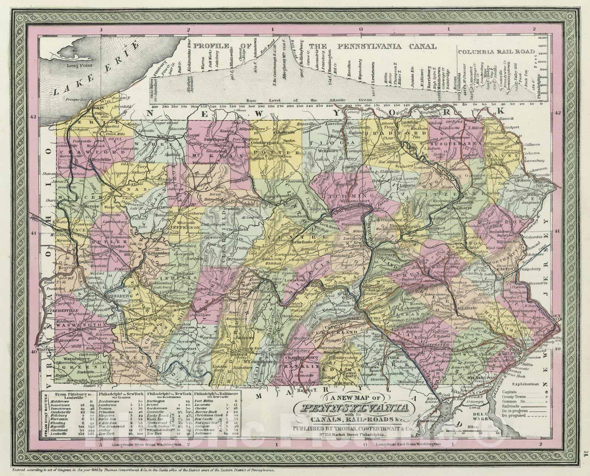 Historic Map : 1855 A new map of Pennsylvania, with its Canals, Rail-Roads &c. - Vintage Wall Art