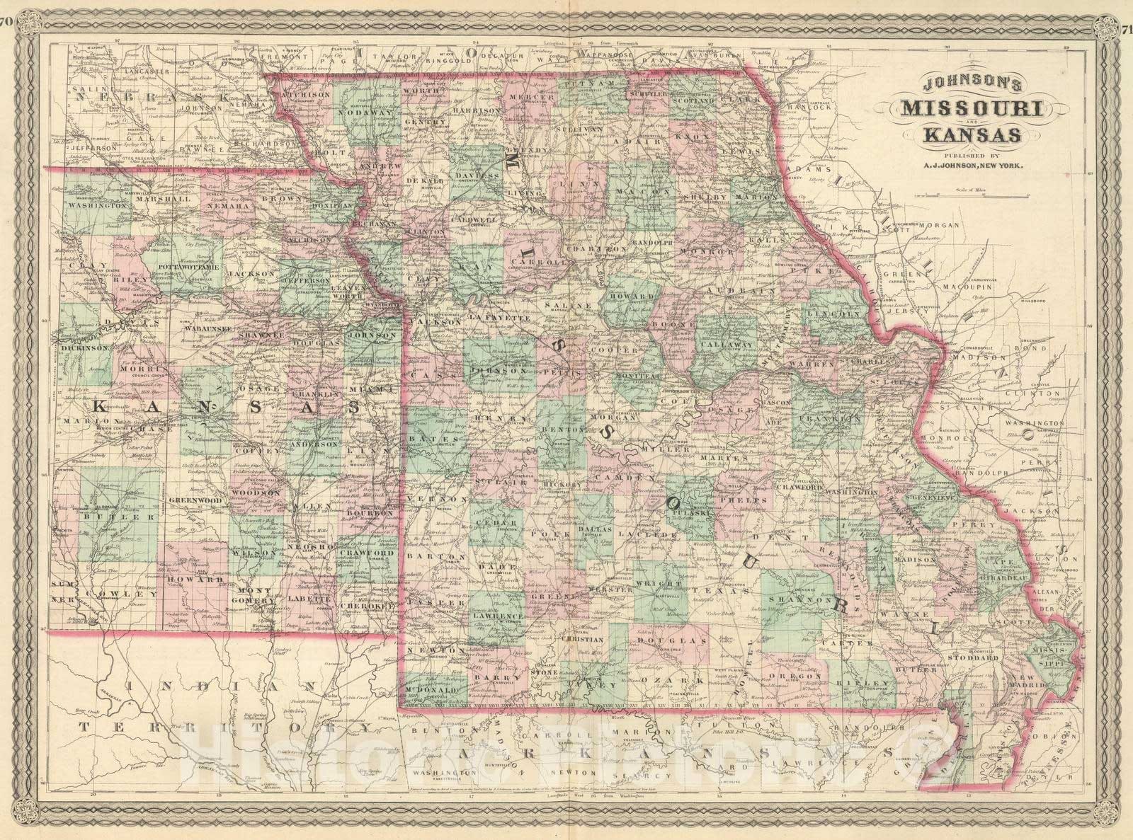 Historic Map : 1886 Missouri and Kansas. - Vintage Wall Art