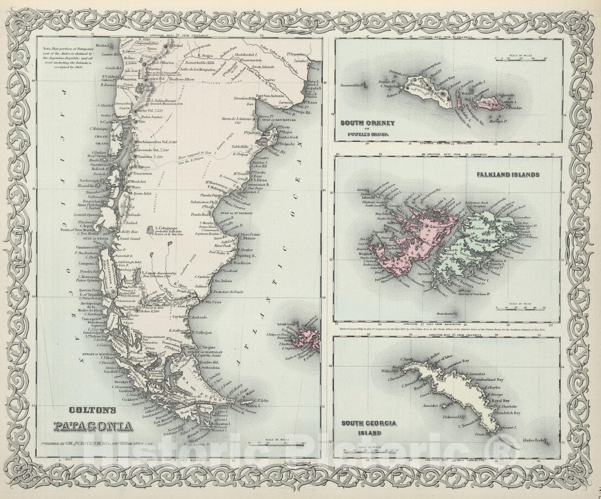 Historic Map : 1874 Patagonia. South Orkney. Falkland Islands. South Georgia Island. - Vintage Wall Art