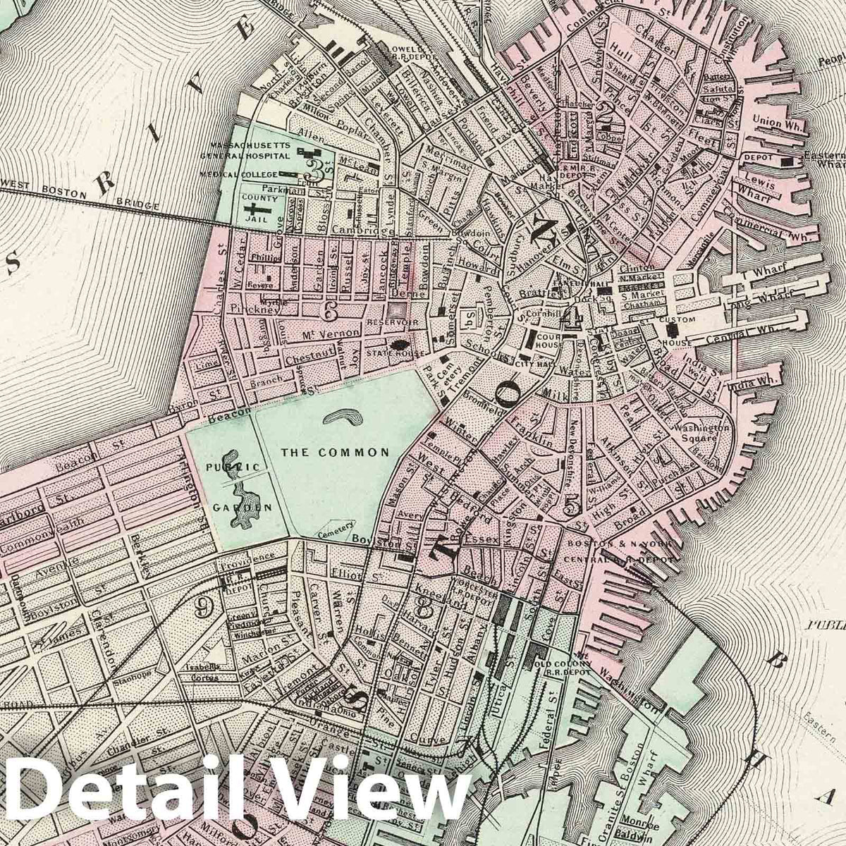 Boston and Adjacent Cities, Massachusetts, 1874 - Historical Map Print