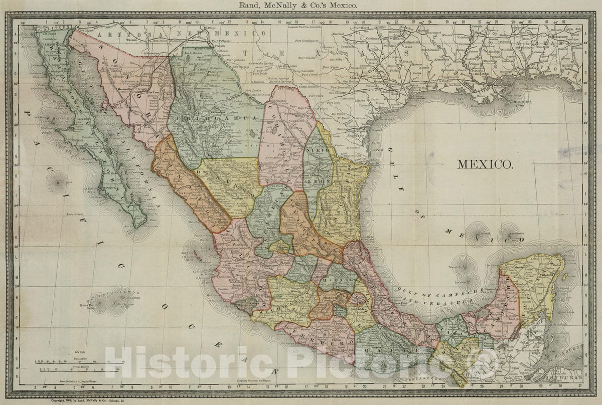 Mexico - Railroad Map, 1881 - Historical Map Print