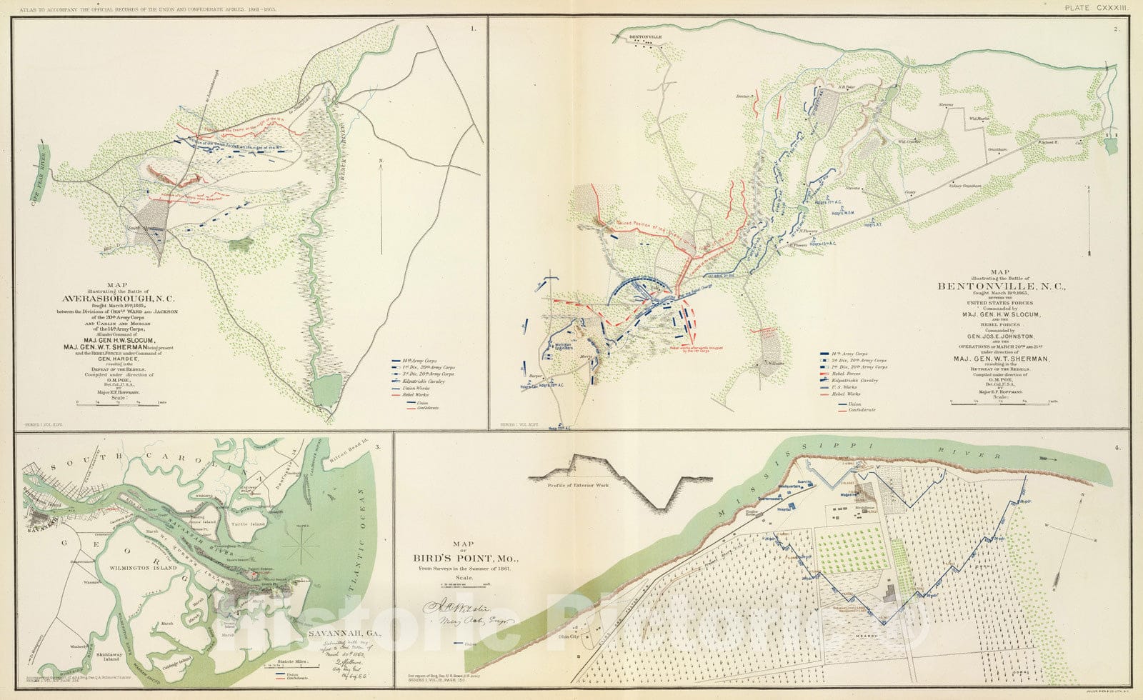 Civil War: Bentonville, Savannah, Bird's Point - Military Map, 1895
