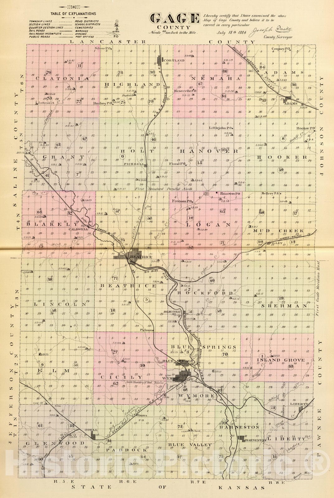 Historic Map : 1885 Gage County. - Vintage Wall Art