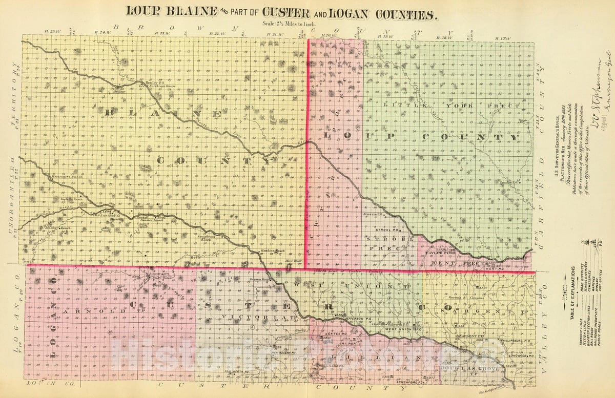 Historic Map : 1885 Loup, Blaine, Custer, Logan counties. - Vintage Wall Art