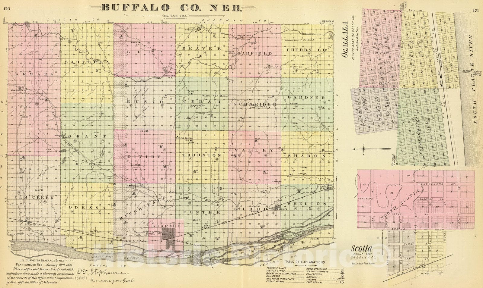 Historic Map : Ogallala (Neb.), Nebraska, 1885 Buffalo Co, Neb. , Vintage Wall Art