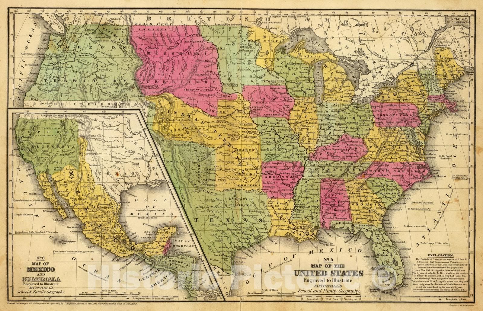 Historic Map : School Atlas - 1847 United States, Mexico. - Vintage Wall Art