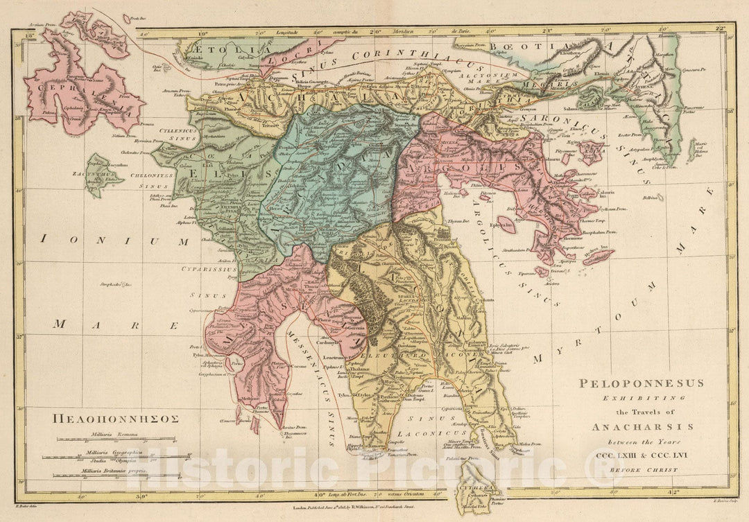 Historic Map : 1818 Peloponnesus Exhibiting the Travels of Anacharsis between the Years 363 BC - 356 BC. - Vintage Wall Art