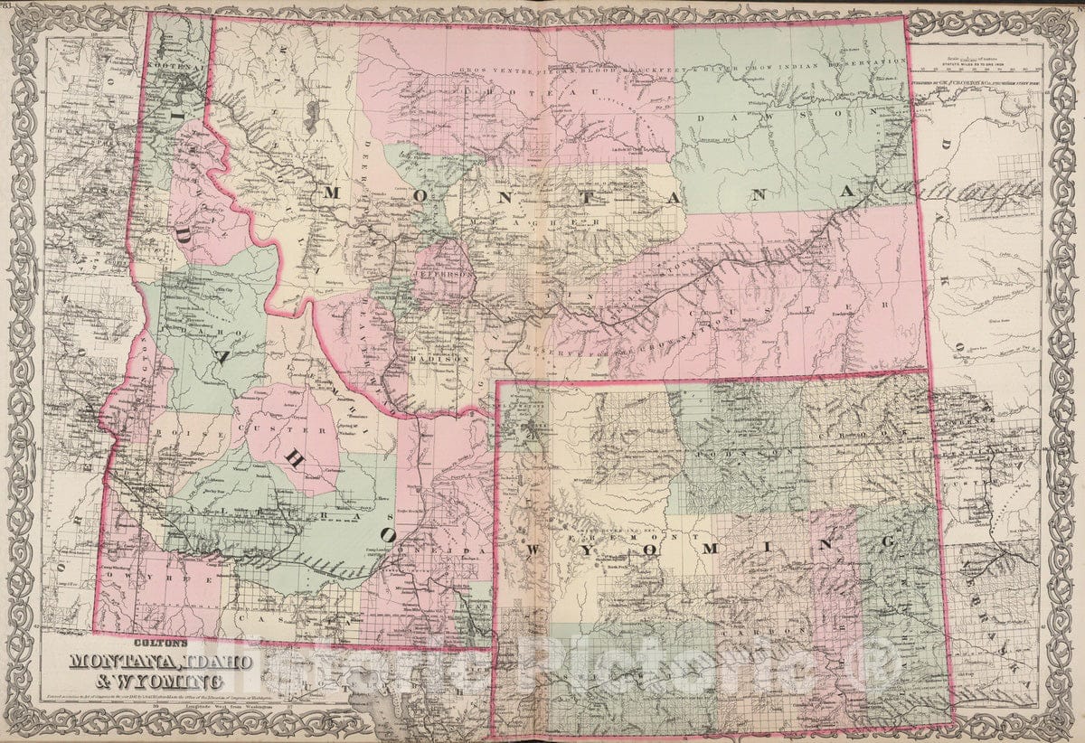 Montana, Idaho and Wyoming 1886 Historical Map Print