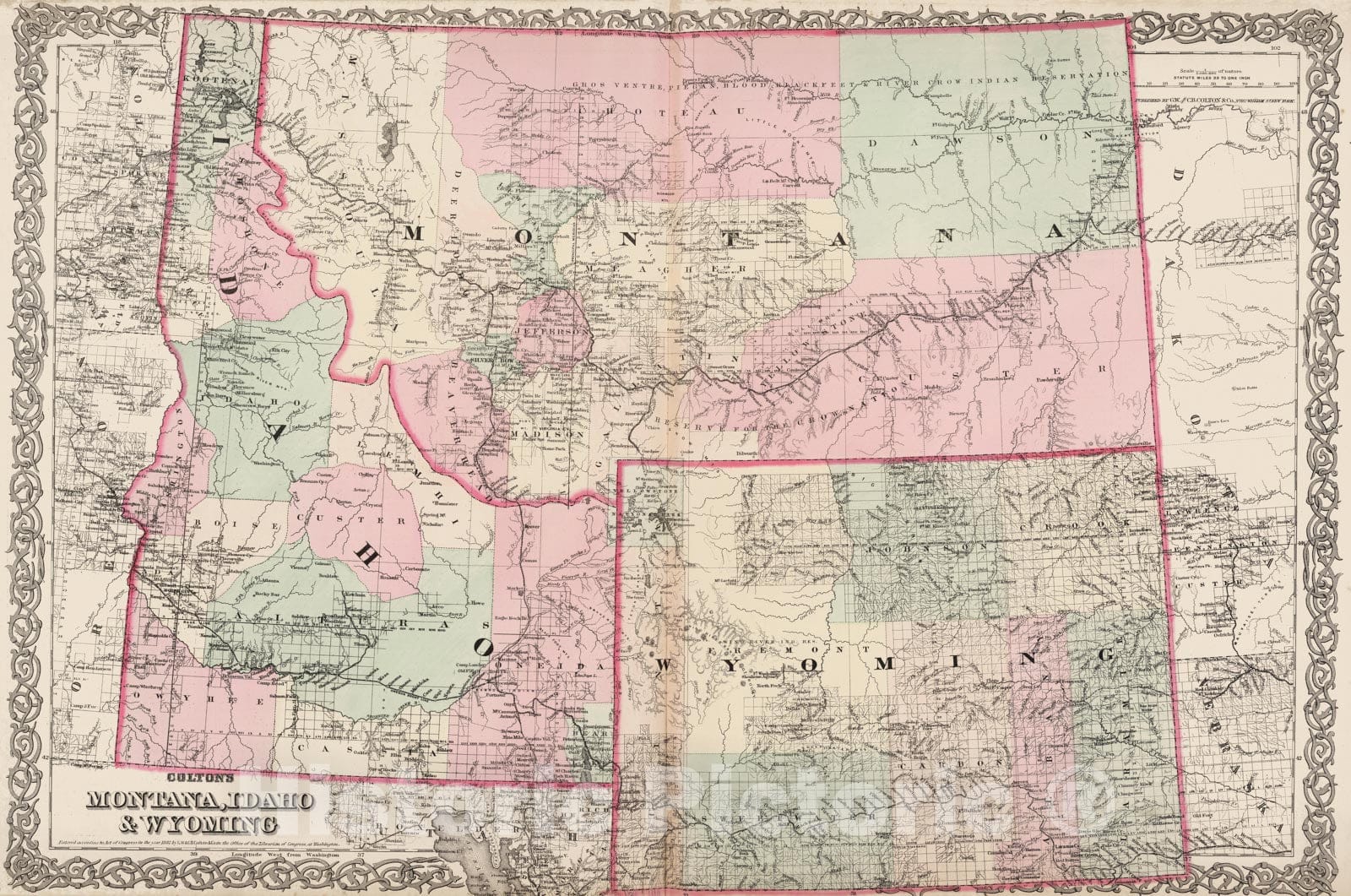 Historic Map - World Atlas - 1886 Montana, Idaho and Wyoming. - Vintage Wall Art