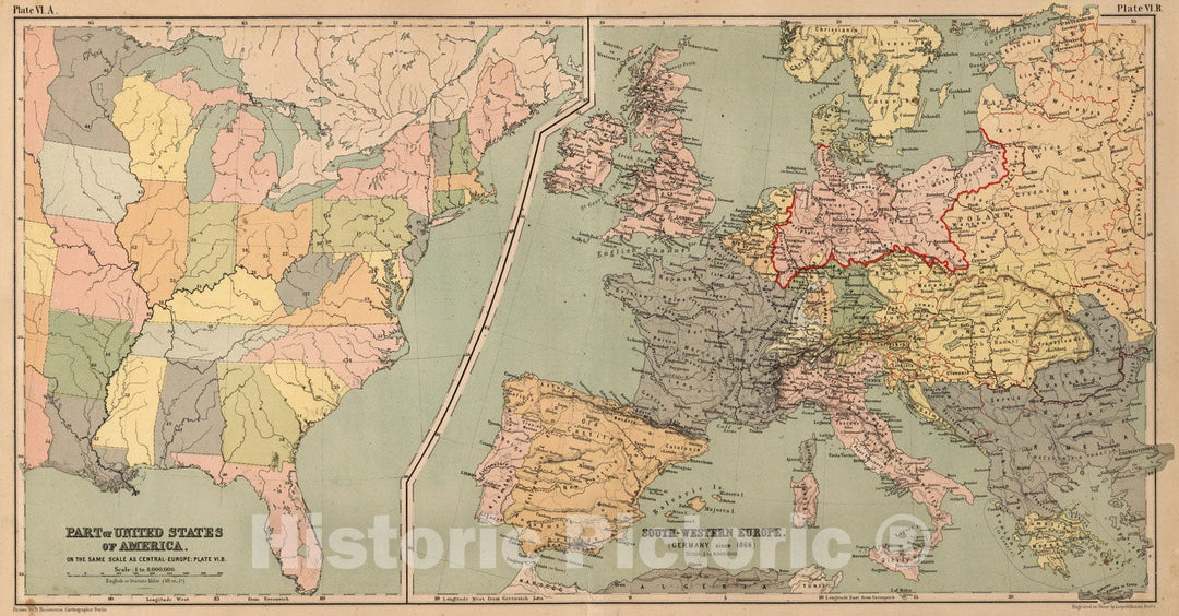 Historic Map : School Atlas - 1867 Plate VI A-B. Part of United States of America. South-Western Europe. - Vintage Wall Art