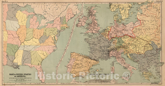 Historic Map : School Atlas - 1867 Plate VI A-B. Part of United States of America. South-Western Europe. - Vintage Wall Art