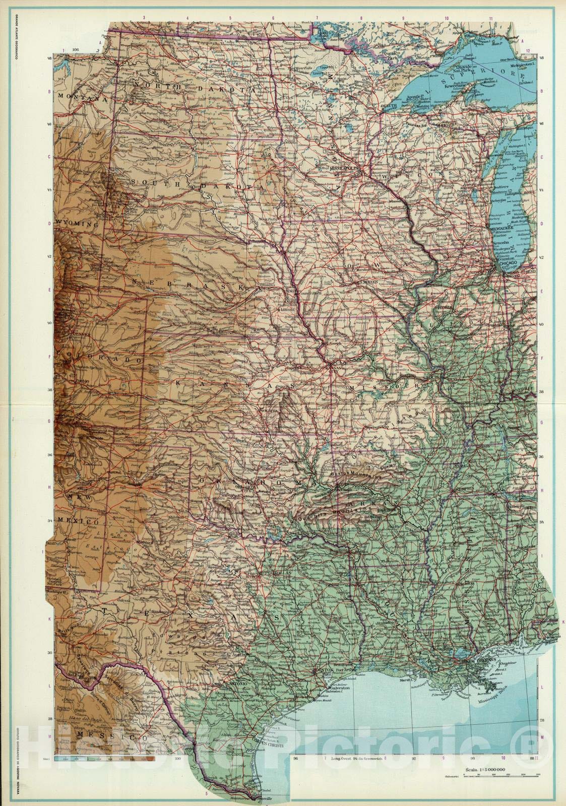 Historic Wall Map : 1952 Central United States. - Vintage Wall Art