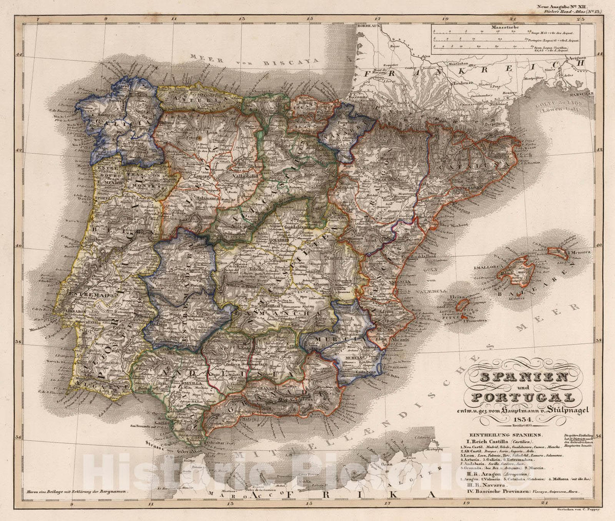 Historic Map : Spain; Portugal, Iberian Peninsula 1835 Spanien und Portugal. (Spain and Portugal). , Vintage Wall Art