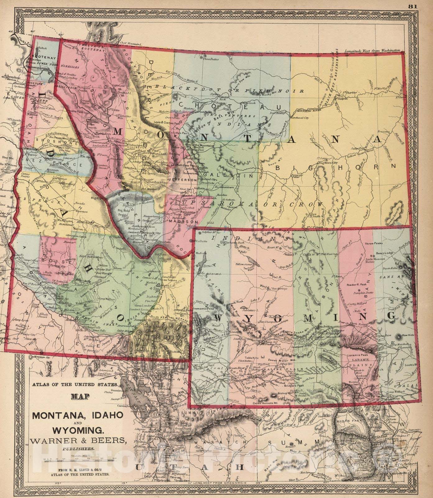 Historic Wall Map : National Atlas - 1872 Montana, Idaho, and Wyoming. - Vintage Wall Art