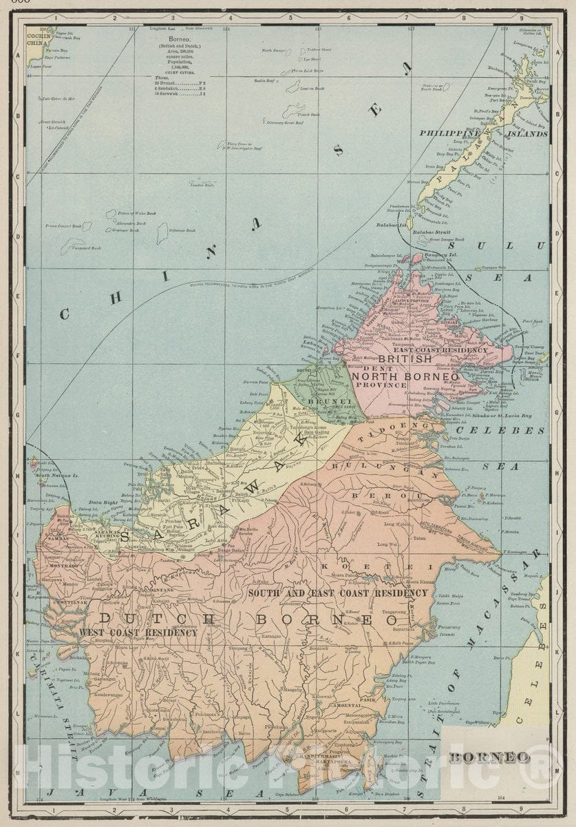 Historic Map : 1901 Borneo. - Vintage Wall Art