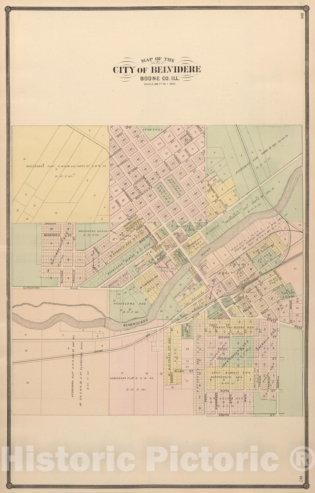 Historic Map : 1886 City of Belvidere, Boone County, Illinois. - Vintage Wall Art