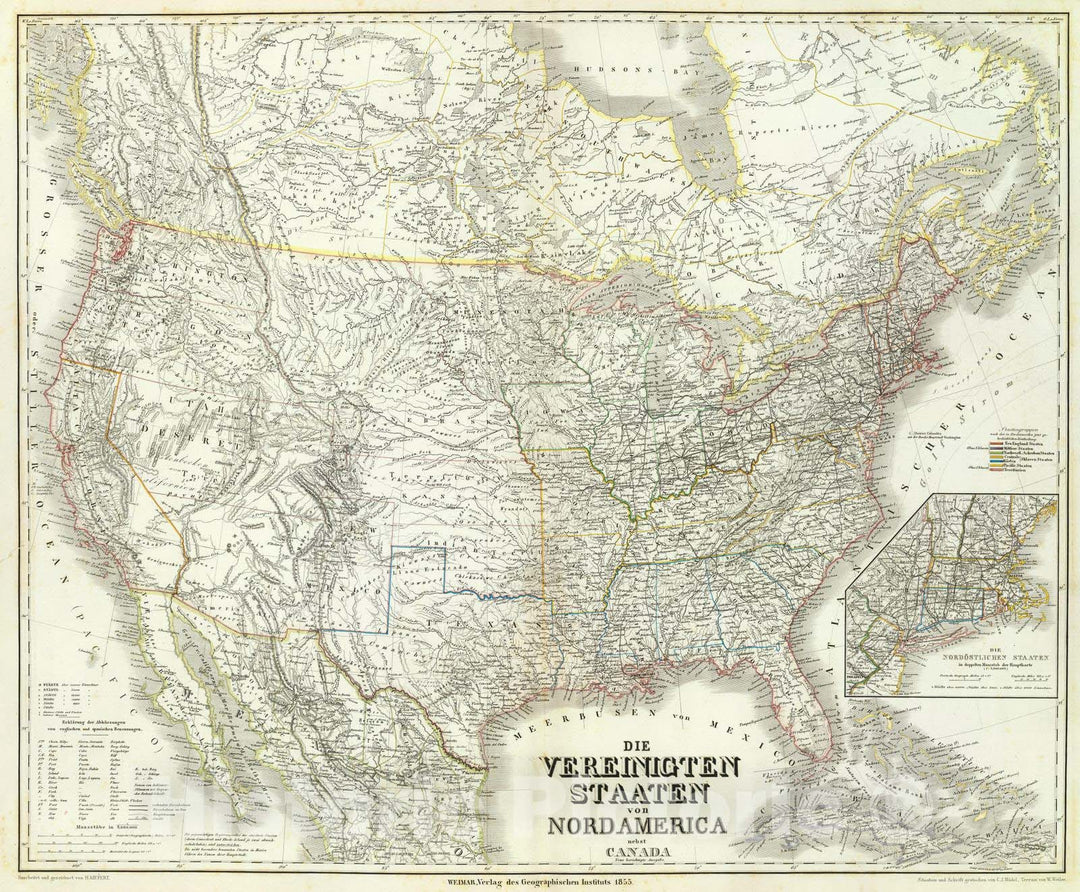 Historic Map : Canada; United States, 1855 Vereinigten Staaten von N. America. , Vintage Wall Art