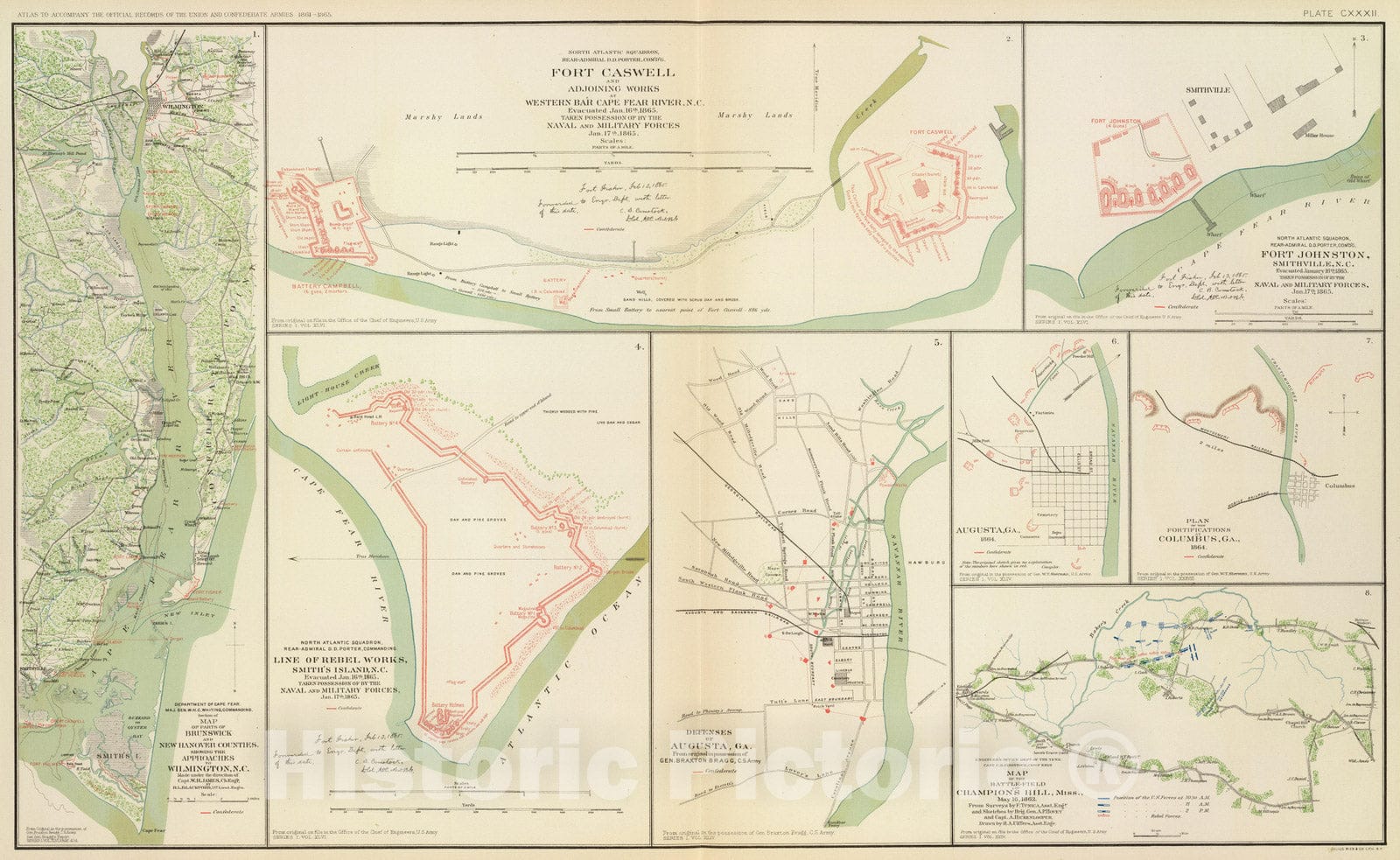 Historic Map : Military Atlas - 1895 Wilmington, Ft. Caswell, Smith's Island, Augusta. - Vintage Wall Art