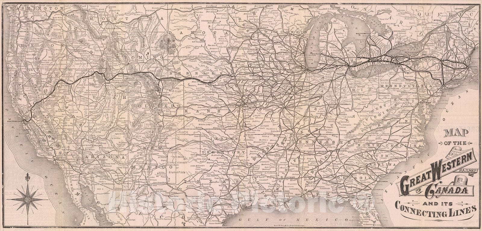 Historic Map : Timetable Map - 1881 Map Great Western Railway of Canada. - Vintage Wall Art