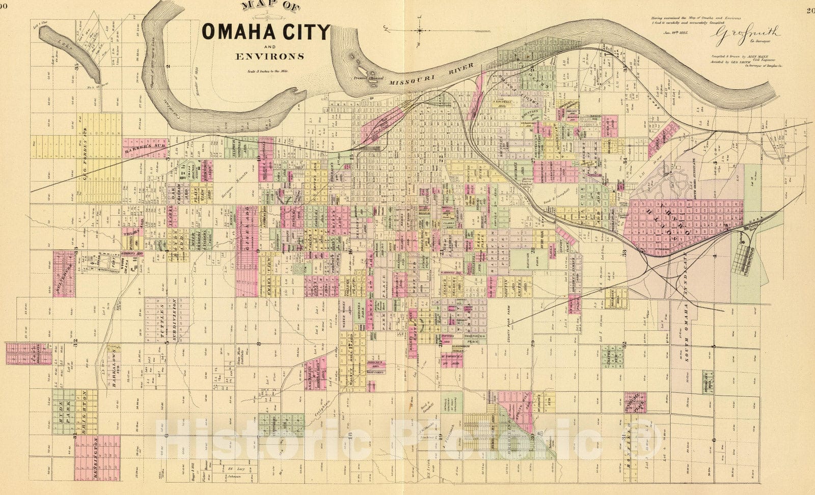 Omaha City and Environs - Railroad Map, 1885 - Historical Map Print